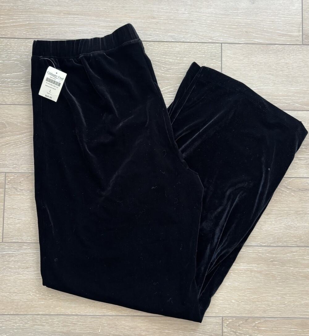 Coldwater Creek Black Velvet Stretchy Elastic Waist Straight Leg Pants NWT Large